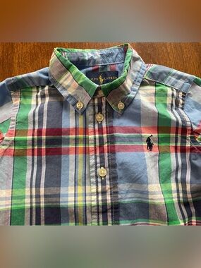 RALPH LAUREN 12M Boys Button-Down Blue Plaid Shirt, EUC